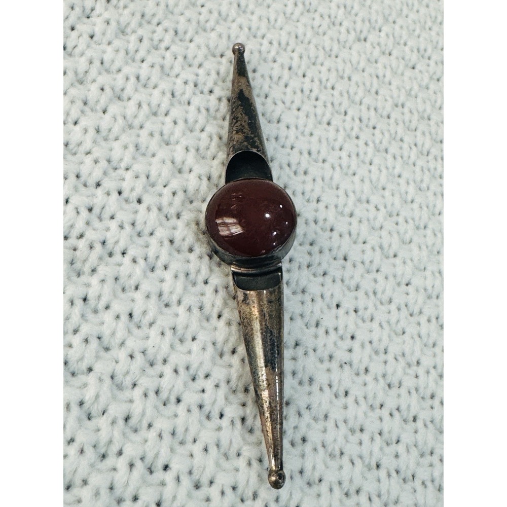 Vintage Modernist Red Cabochon Silver Tone Bar Brooch Pin Abstract Design